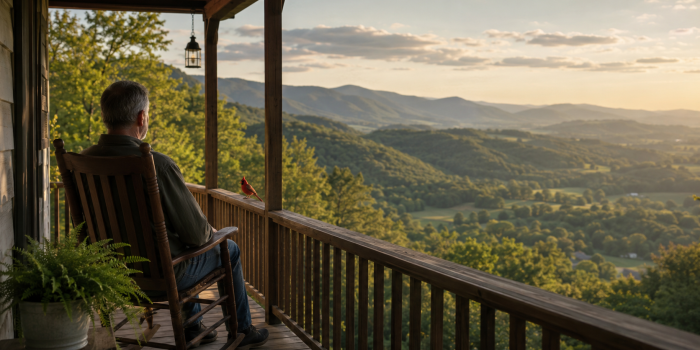 A man in a rocking chair overlooking a valley as a cardinal appears beside him