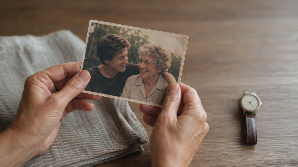 A person holding a treasured family photograph representing an enduring connection with a loved one in Spirit
