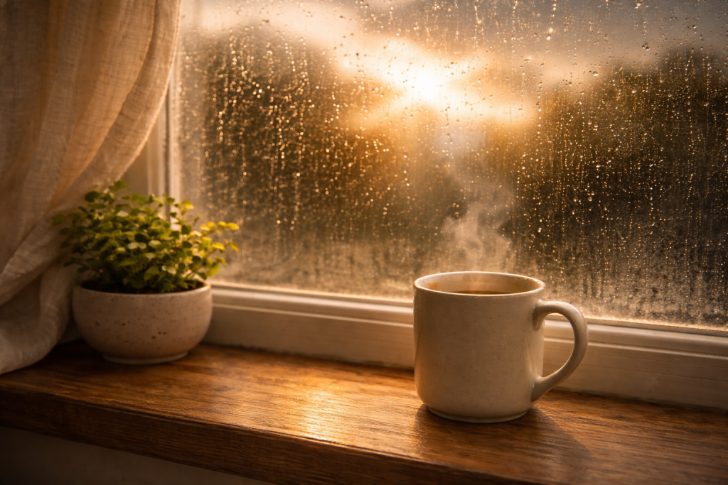 Rain on a window with sunlight breaking through, symbolizing how Spirit perceives our emotional weather with compassion.