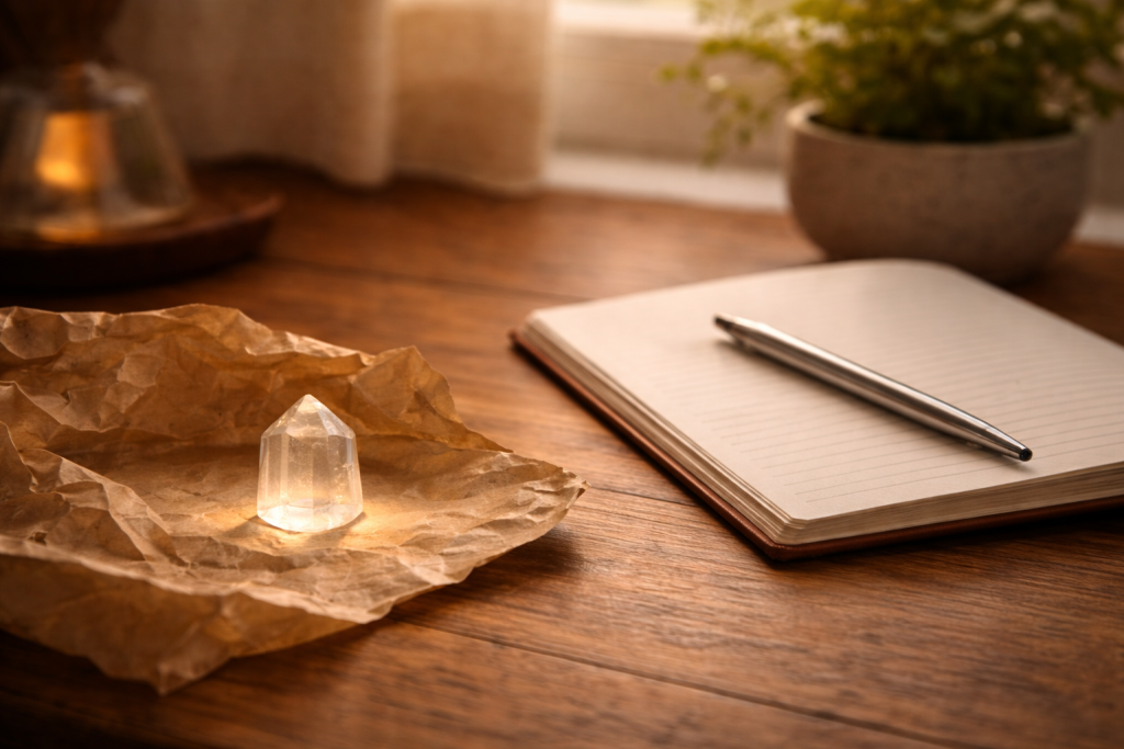 An unwrapped crystal beside a blank journal, symbolizing Spirit responding to what is real and true within us.