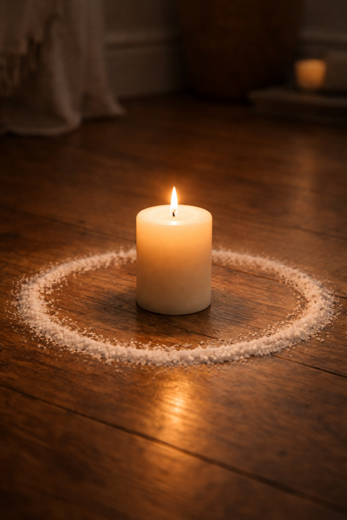 A candle surrounded by a circle of salt, symbolizing clear energetic boundaries and spiritual protection.