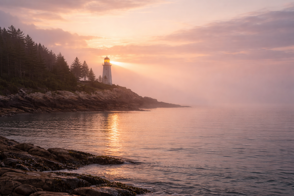 A lighthouse beam glowing through morning mist, symbolizing the light Spirit sees within us even during hard seasons.