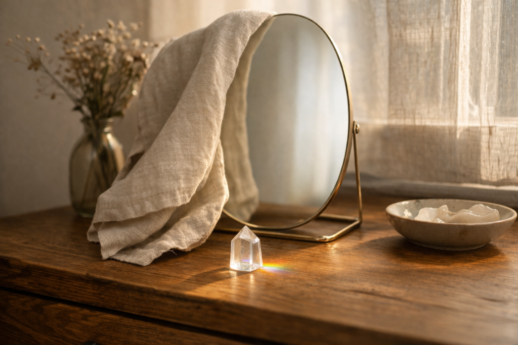 A mirror partly covered with a cloth and a quartz prism casting soft light, symbolizing Spirit seeing beyond appearance into energy.