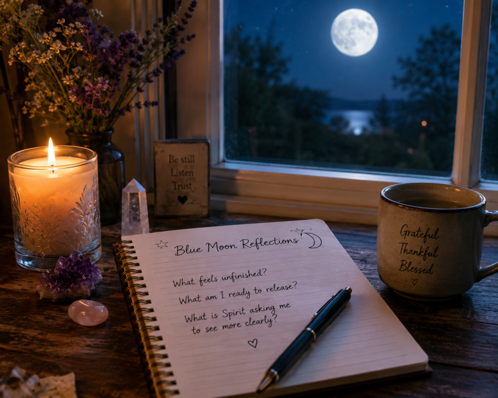A journal and candle in soft moonlight for Blue Moon reflection.