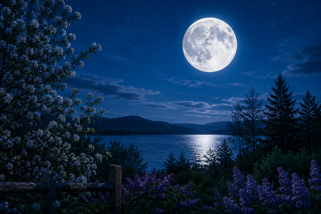 The May 2026 Blue Moon glowing over a peaceful spring landscape.