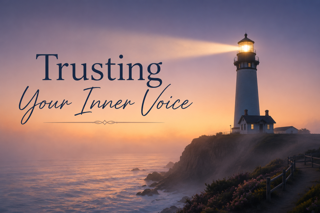 Trusting your intuition with a lighthouse shining softly through mist as a symbol of inner guidance and spiritual clarity.