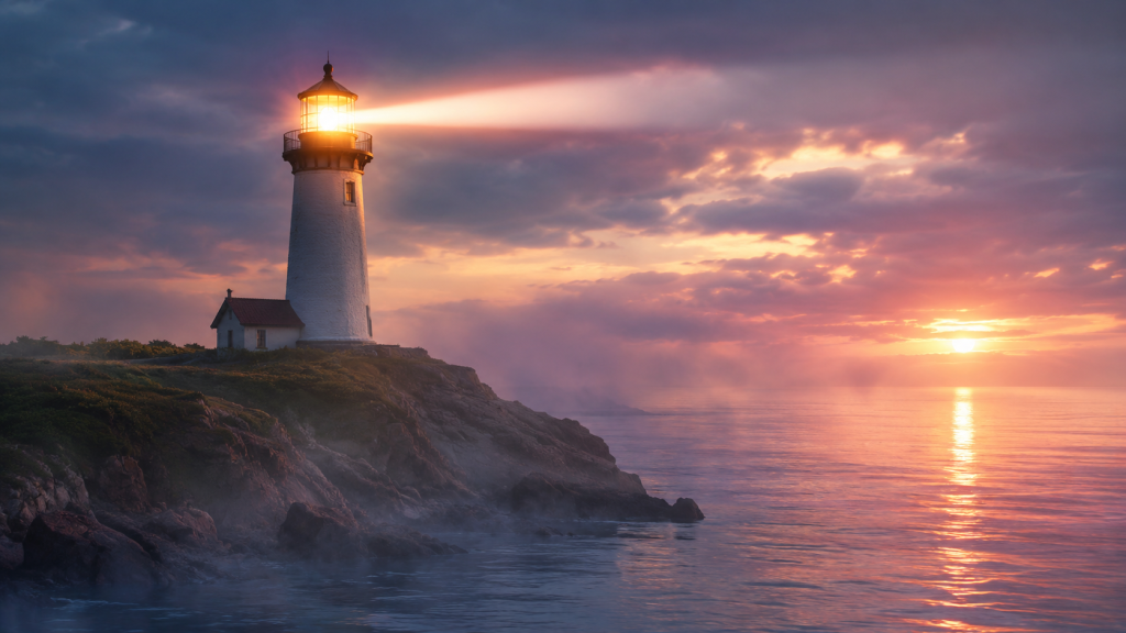 A glowing lighthouse at dusk symbolizing a comforting sign from Spirit arriving at the right time.