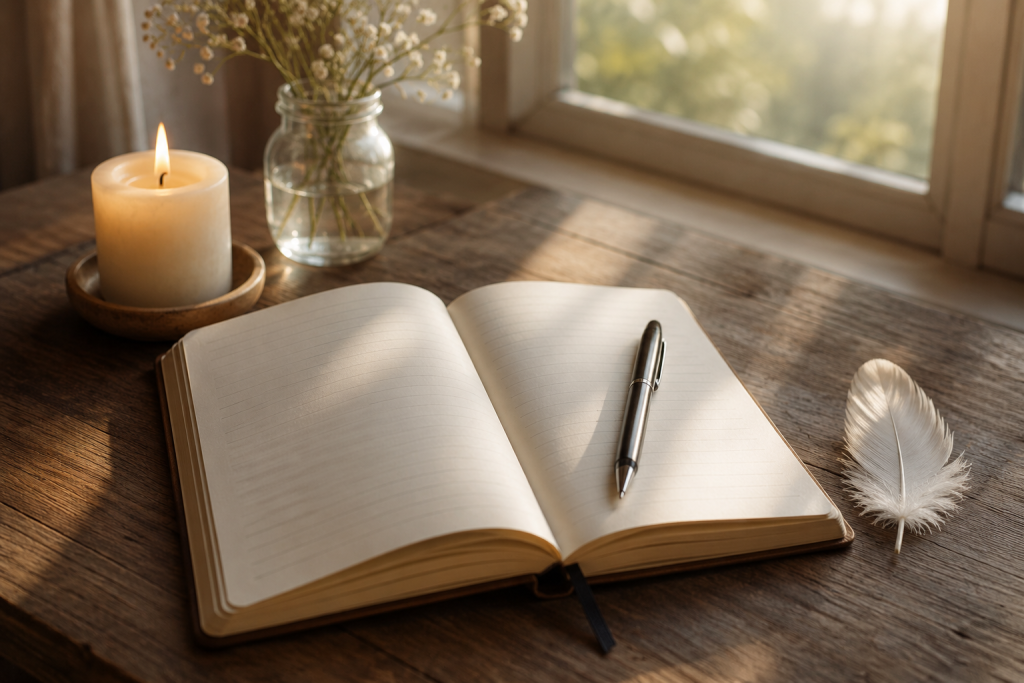 An open journal with a candle and feather, symbolizing writing down repeated signs from Spirit.