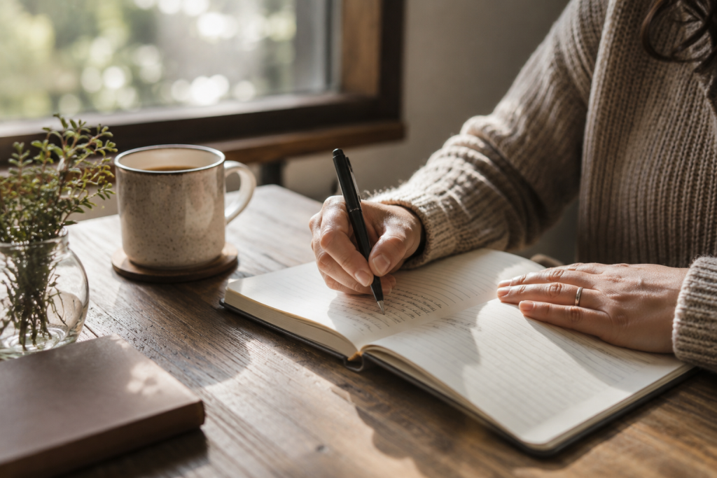 Hands writing in a journal, symbolizing tracking intuitive impressions before overthinking them.