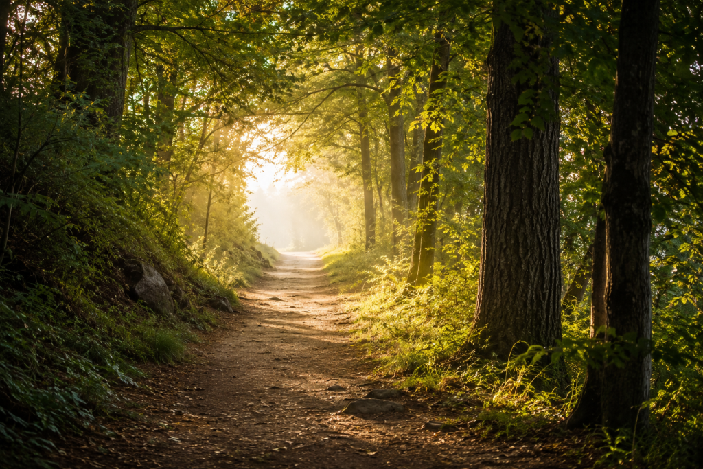 A quiet path through trees with soft light ahead, symbolizing learning to follow intuitive guidance.