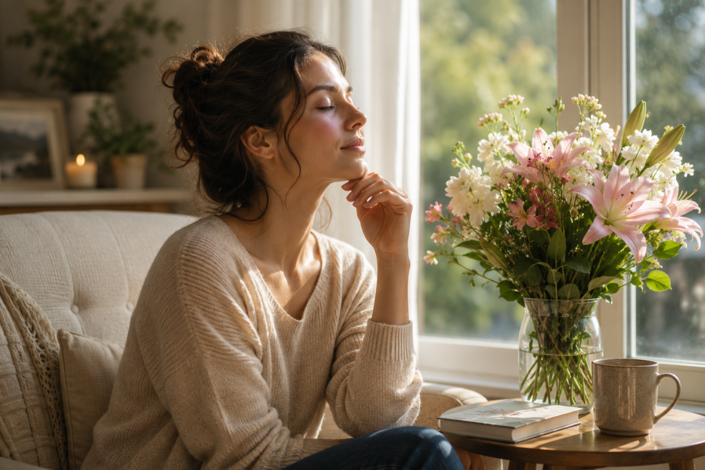 A peaceful person noticing the unexpected scent of flowers while sitting quietly in reflection