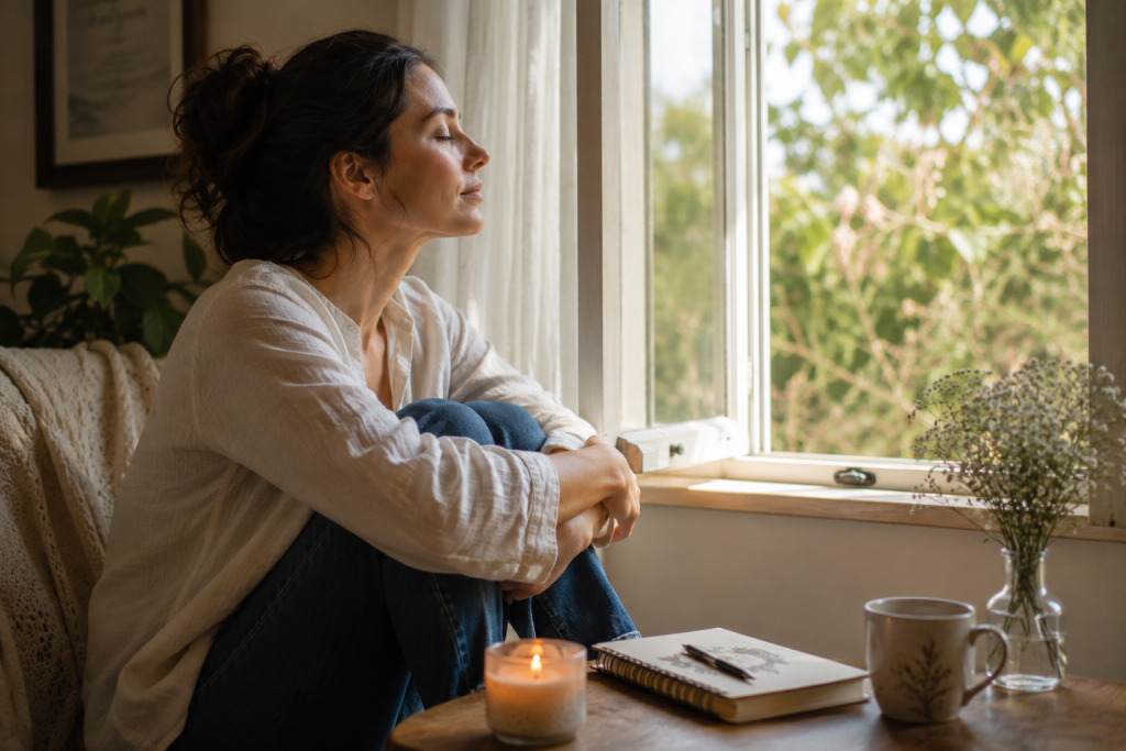 A person sitting peacefully by an open window taking a quiet moment for reflection