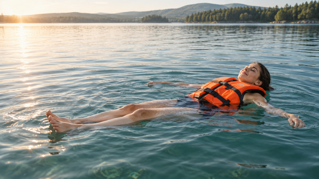 A person floats peacefully in a life jacket, illustrating the article’s analogy about trusting the universe.