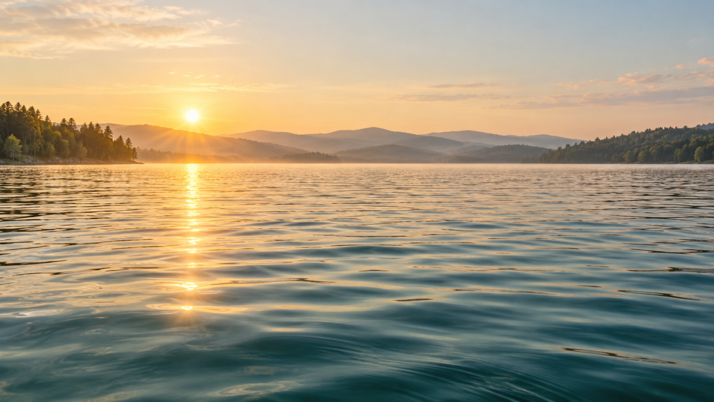 Soft morning sunlight across a peaceful lake with gentle ripples.